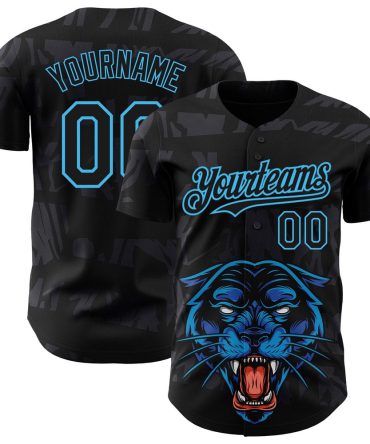 USA Baseball Jersey, Custom Black Sky Blue 3D Pattern Design Animal Panther Authentic Baseball Jersey, Team Jerseys Baseball