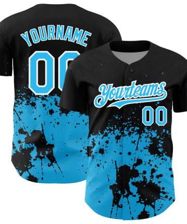 USA Baseball Jersey, Custom Black Sky Blue White 3D Pattern Design Abstract Splash Grunge Art Authentic Baseball Jersey