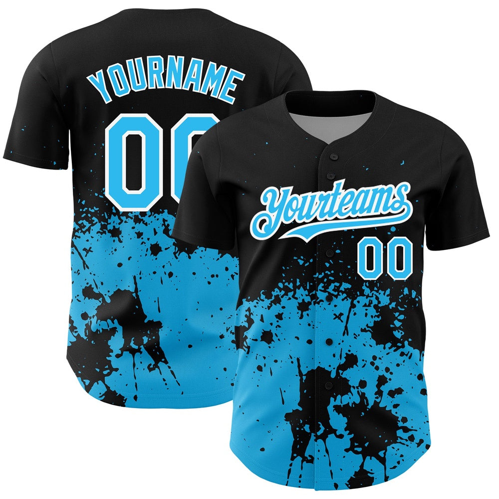 USA Baseball Jersey, Custom Black Sky Blue White 3D Pattern Design Abstract Splash Grunge Art Authentic Baseball Jersey