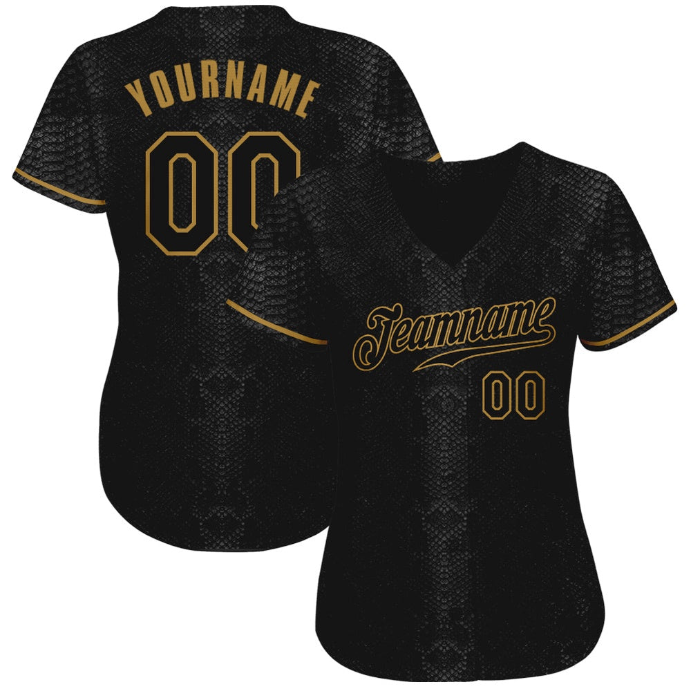 USA Baseball Jersey, Custom Black Snakeskin Black Old Gold 3D Pattern Design Authentic Baseball Jersey, Team Jerseys Baseball - Image 2