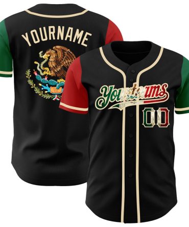 USA Baseball Jersey, Custom Black Vintage Mexican Flag Kelly Green Red City Cream Authentic Two Tone Baseball Jersey