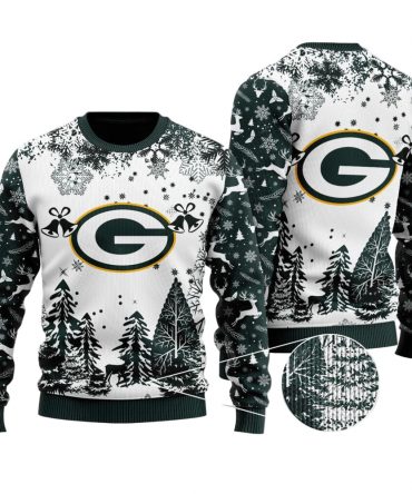 Ugly Christmas Sweater Green-Bay-Packers, Go Green-Bay-Packers Go Grinch Christmas Snowflakes Pine Tree White Green