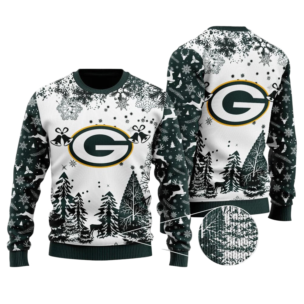 Ugly Christmas Sweater Green-Bay-Packers, Go Green-Bay-Packers Go Grinch Christmas Snowflakes Pine Tree White Green