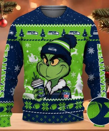 Seattle Seahawks The Grinch Drink Coffee Ugly Christmas Sweater, NFL Christmas Sweater
