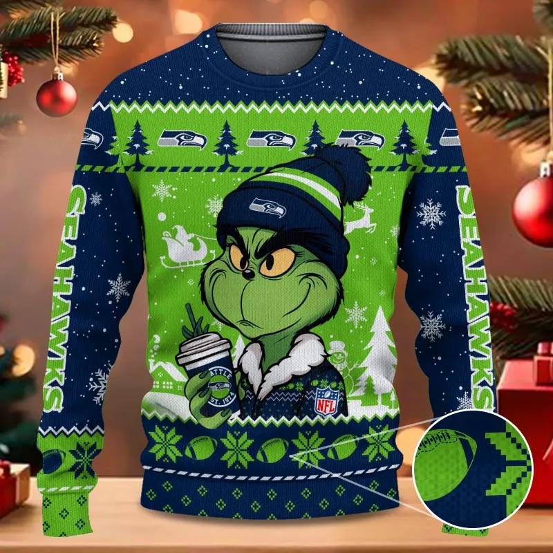 Seattle Seahawks The Grinch Drink Coffee Ugly Christmas Sweater, NFL Christmas Sweater