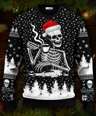 Skull Drinking Hot Coffee Ugly Christmas Sweater