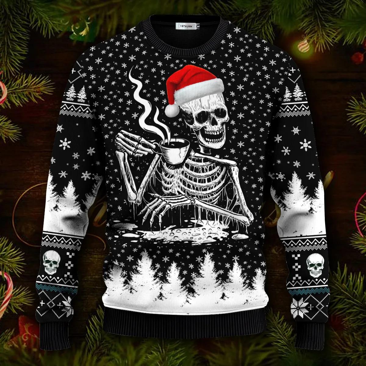 Skull Drinking Hot Coffee Ugly Christmas Sweater