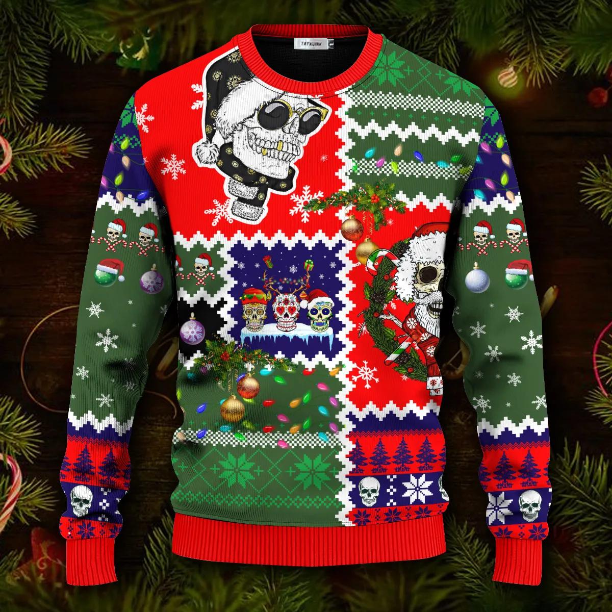 Santa Claus Skulls Cool Christmas Pattern Skull Ugly Christmas Sweater