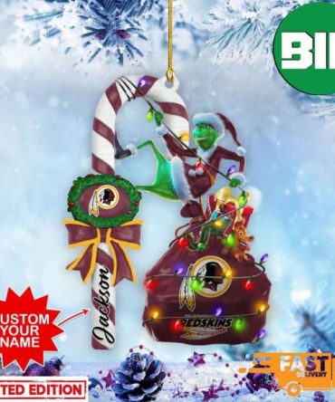 Washington Redskins NFL Custom Name Grinch Candy Cane 2 Sides Ornament