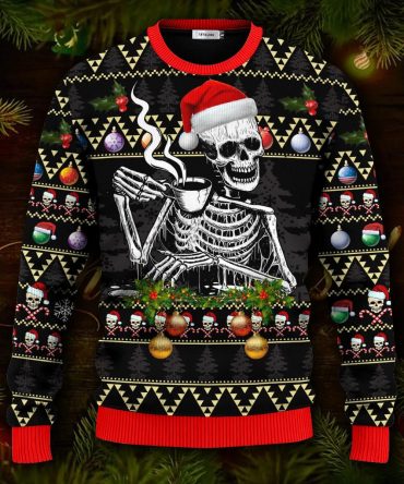 Skull Drinking Hot Coffee Christmas Pattern Ugly Christmas Sweater
