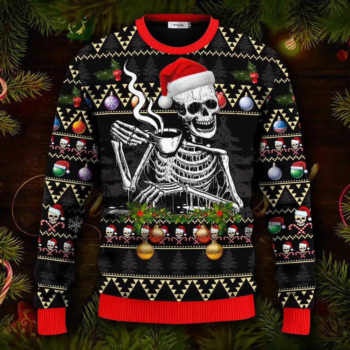 Skull Drinking Hot Coffee Christmas Pattern Ugly Christmas Sweater