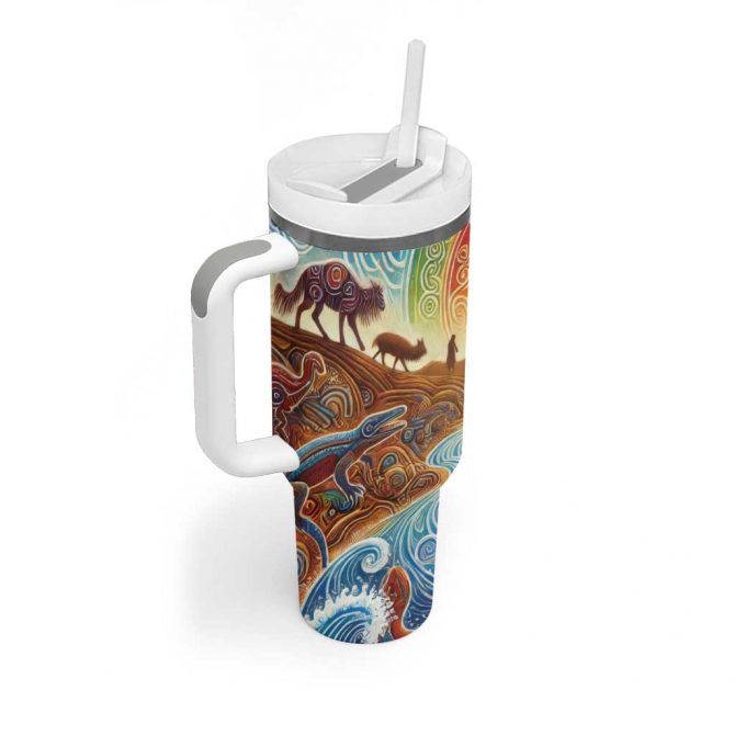 Aboriginal Dreamtime Animals Stories Custom Stanley Quencher 40oz Stainless Steel Tumbler With Handle - Image 3