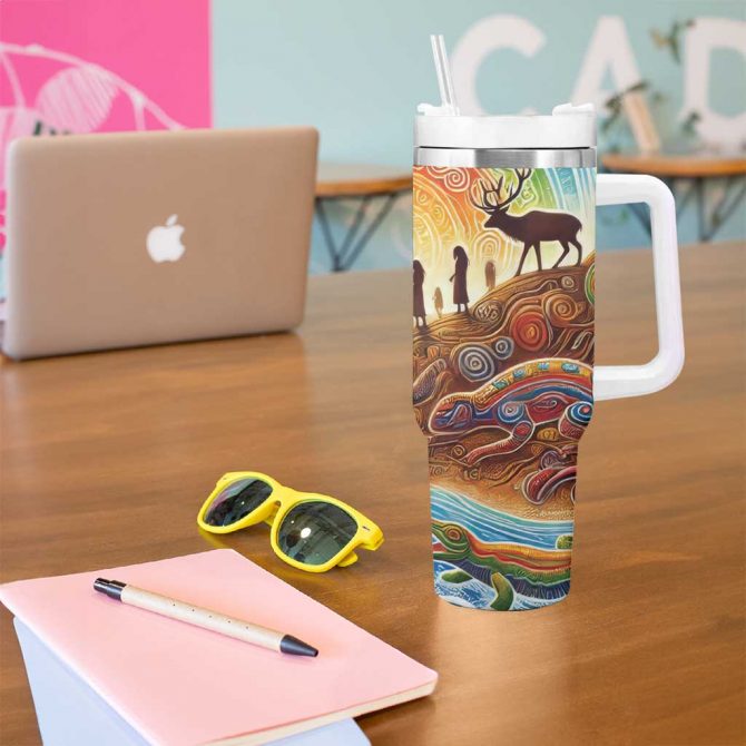 Aboriginal Dreamtime Animals Stories Custom Stanley Quencher 40oz Stainless Steel Tumbler With Handle - Image 5