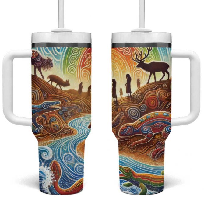 Aboriginal Dreamtime Animals Stories Custom Stanley Quencher 40oz Stainless Steel Tumbler With Handle - Image 2