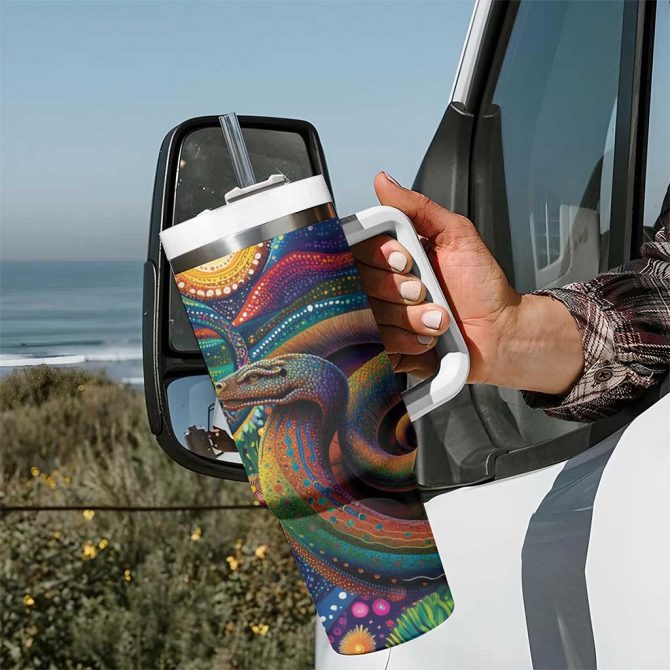 Aboriginal Dreamtime Rainbow Serpent Custom Stanley Quencher 40oz Stainless Steel Tumbler With Handle - Image 7