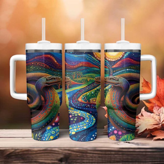 Aboriginal Dreamtime Rainbow Serpent Custom Stanley Quencher 40oz Stainless Steel Tumbler With Handle
