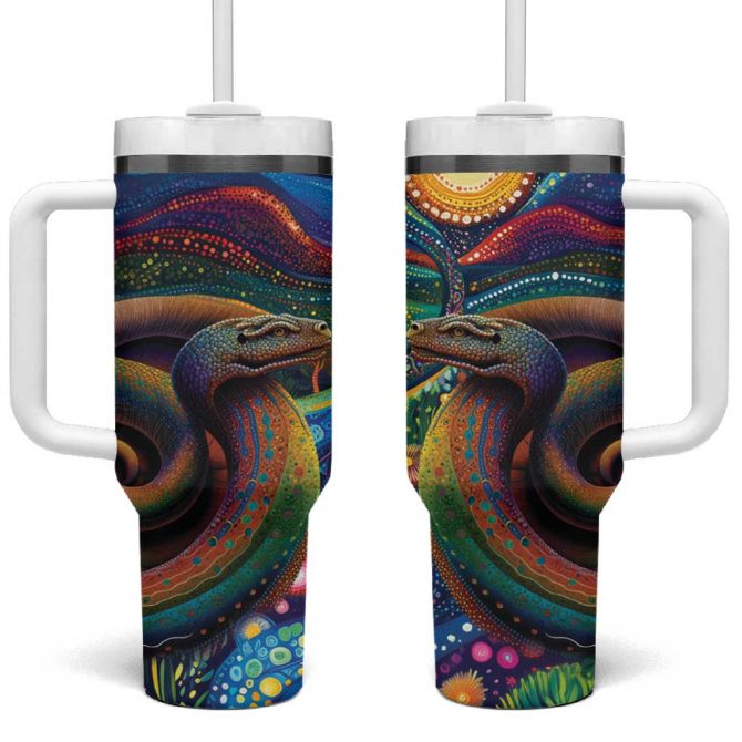 Aboriginal Dreamtime Rainbow Serpent Custom Stanley Quencher 40oz Stainless Steel Tumbler With Handle - Image 2