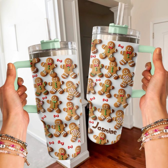 Adorable Gingerbread Christmas Custom Stanley Quencher 40oz Stainless Steel Tumbler With Handle - Image 3