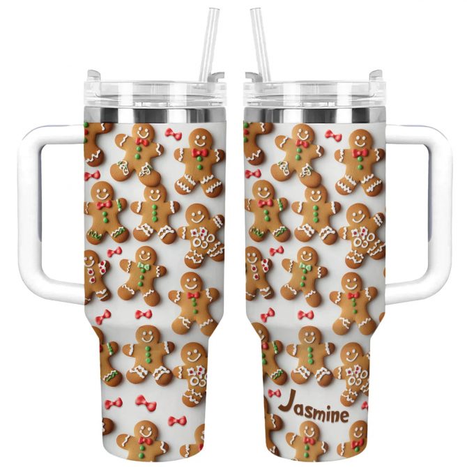 Adorable Gingerbread Christmas Custom Stanley Quencher 40oz Stainless Steel Tumbler With Handle
