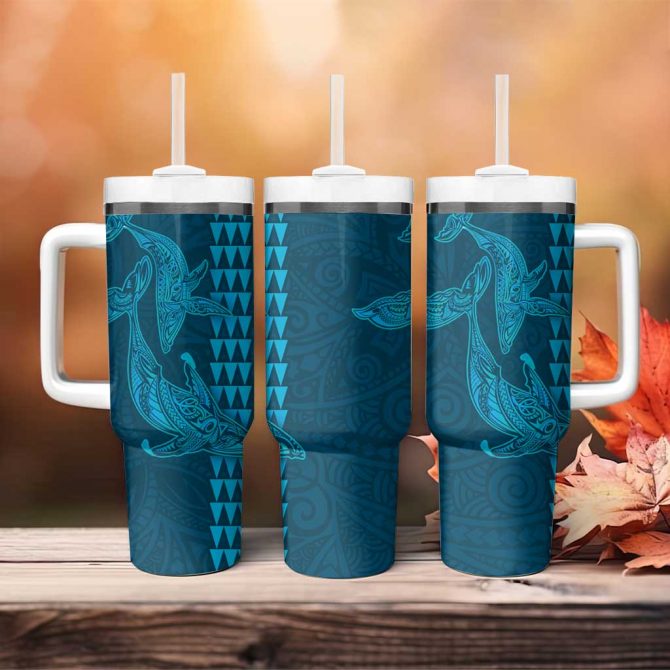 Aloha Hawaii Whale Kakau and Polynesian Tattoo Light Blue Color Custom Stanley Quencher 40oz Stainless Steel Tumbler With Handle - Image 4