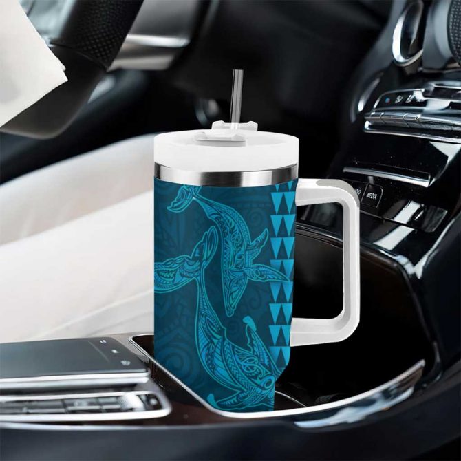 Aloha Hawaii Whale Kakau and Polynesian Tattoo Light Blue Color Custom Stanley Quencher 40oz Stainless Steel Tumbler With Handle - Image 8