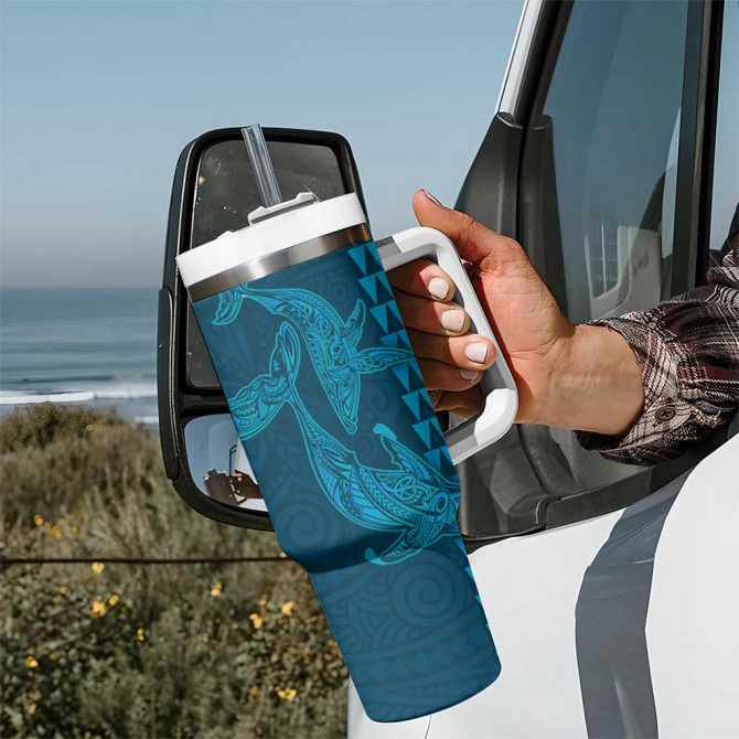 Aloha Hawaii Whale Kakau and Polynesian Tattoo Light Blue Color Custom Stanley Quencher 40oz Stainless Steel Tumbler With Handle - Image 7