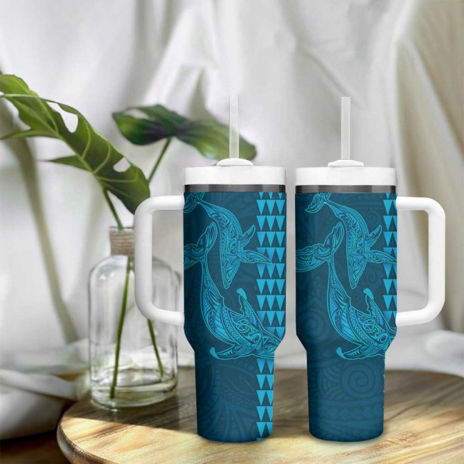 Aloha Hawaii Whale Kakau and Polynesian Tattoo Light Blue Color Custom Stanley Quencher 40oz Stainless Steel Tumbler With Handle - Image 9