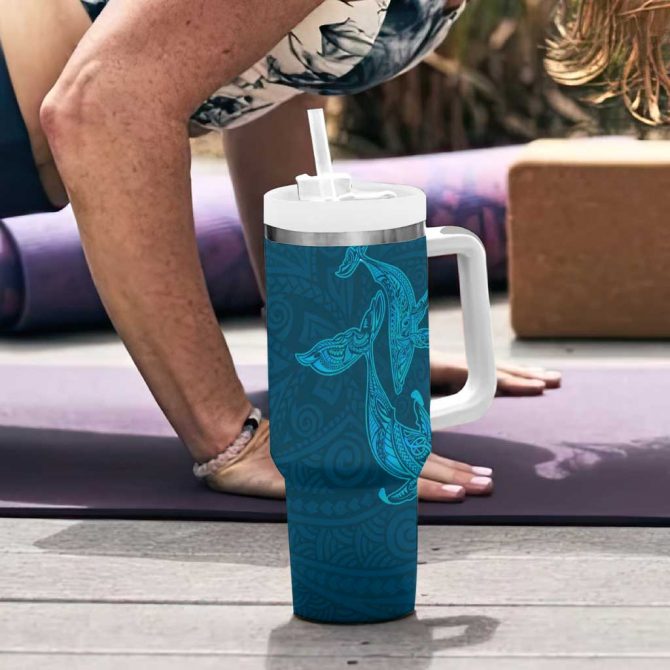 Aloha Hawaii Whale Kakau and Polynesian Tattoo Light Blue Color Custom Stanley Quencher 40oz Stainless Steel Tumbler With Handle - Image 6