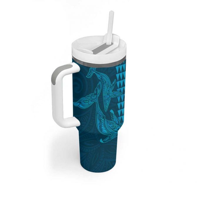 Aloha Hawaii Whale Kakau and Polynesian Tattoo Light Blue Color Custom Stanley Quencher 40oz Stainless Steel Tumbler With Handle - Image 2