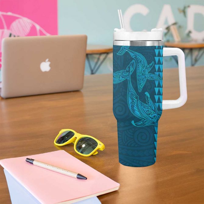 Aloha Hawaii Whale Kakau and Polynesian Tattoo Light Blue Color Custom Stanley Quencher 40oz Stainless Steel Tumbler With Handle - Image 5