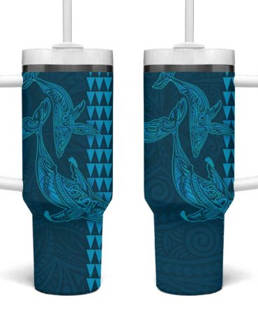 Aloha Hawaii Whale Kakau and Polynesian Tattoo Light Blue Color Custom Stanley Quencher 40oz Stainless Steel Tumbler With Handle