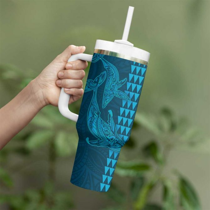 Aloha Hawaii Whale Kakau and Polynesian Tattoo Light Blue Color Custom Stanley Quencher 40oz Stainless Steel Tumbler With Handle - Image 3