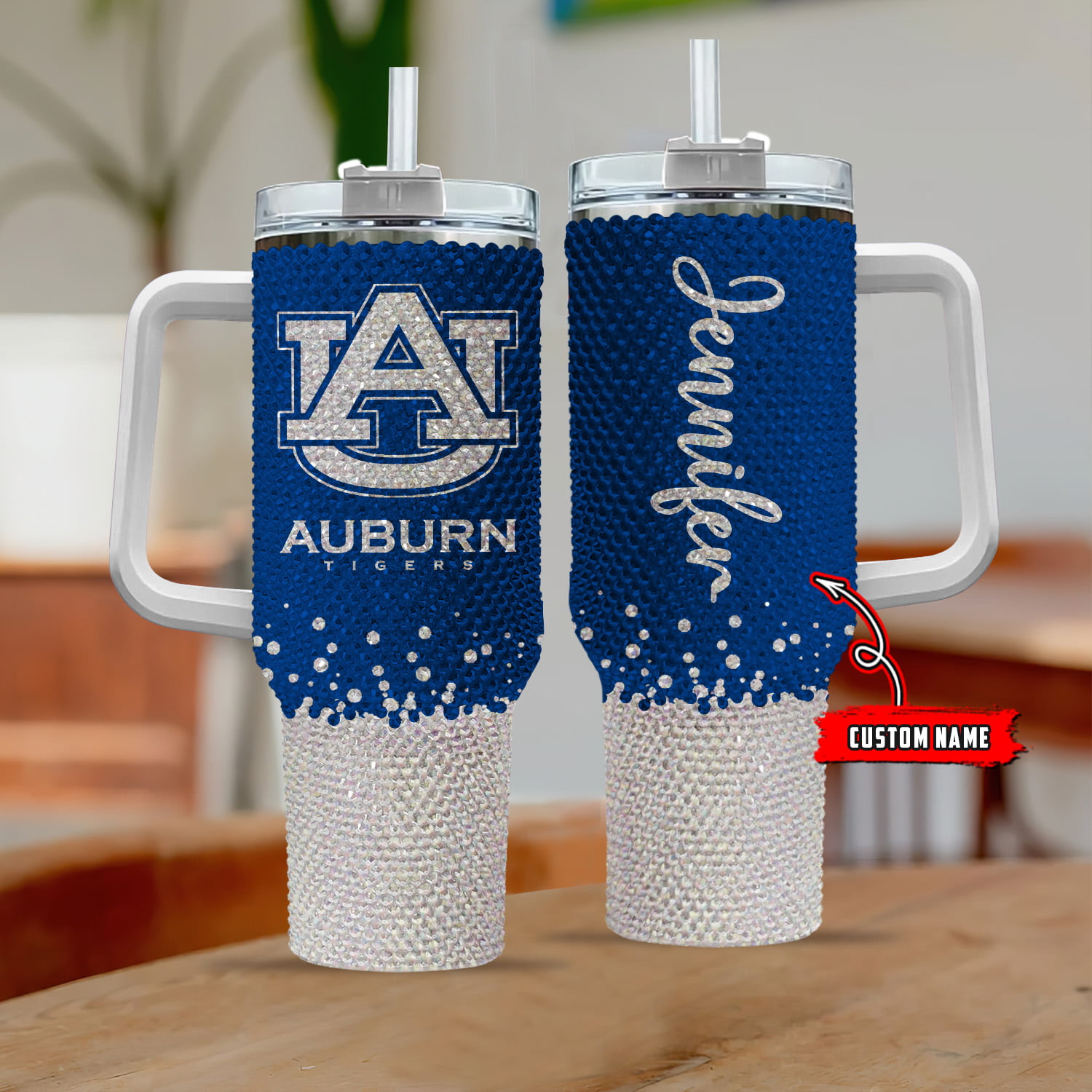Custom Rhinestone Tumbler with Handle & Straw - Personalized Glitter Design
