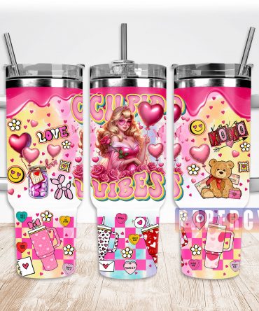 Colorful Cupid Vibes Tumbler - Romantic Heart Design with Straw & Handle