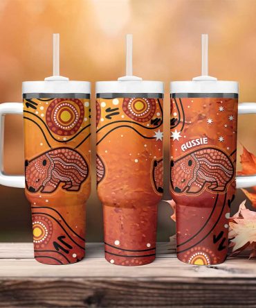 Australia Wombat Indigenous Art Custom Stanley Quencher 40oz Stainless Steel Tumbler With Handle