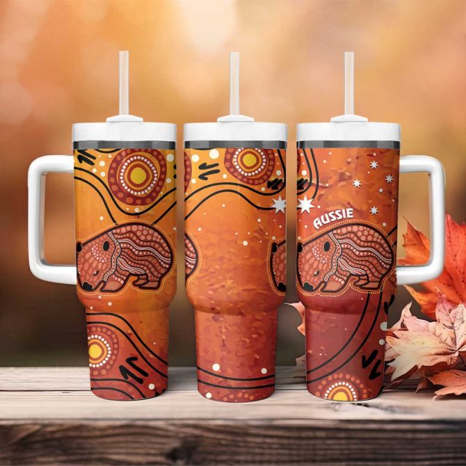 Australia Wombat Indigenous Art Custom Stanley Quencher 40oz Stainless Steel Tumbler With Handle
