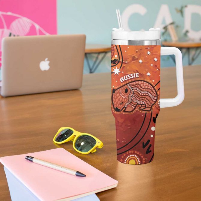 Australia Wombat Indigenous Art Custom Stanley Quencher 40oz Stainless Steel Tumbler With Handle - Image 5