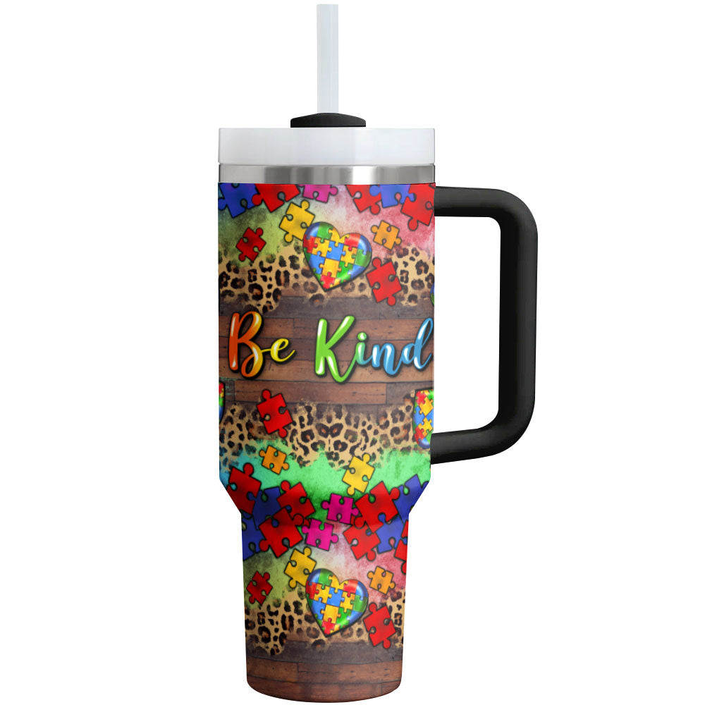 Be Kind Puzzle Heart Leopard Tumbler - Inspirational Travel Mug with Handle & Straw - Image 2