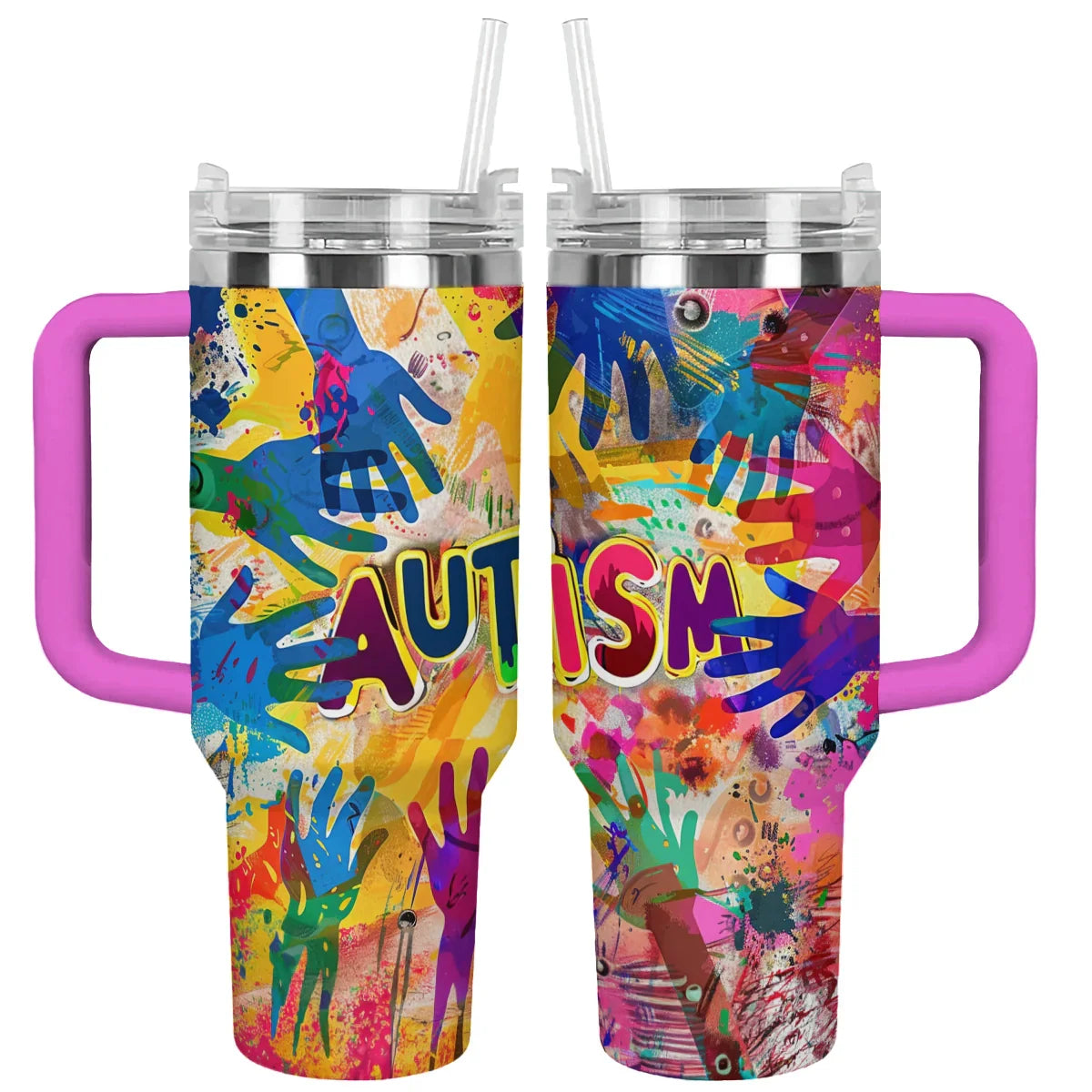 Vibrant Autism Awareness Tumbler with Handle - Colorful Handprint Design - Image 2