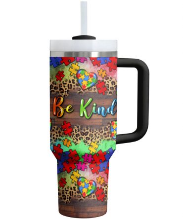 Be Kind Puzzle Heart Leopard Tumbler - Inspirational Travel Mug with Handle & Straw