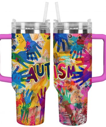 Vibrant Autism Awareness Tumbler with Handle - Colorful Handprint Design