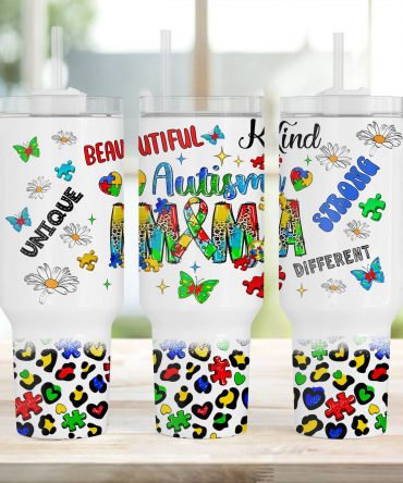 Colorful Autism Awareness Tumbler - Unique Puzzle Design with Butterfly Accents