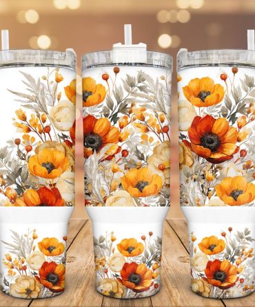 Floral Insulated Tumbler with Handle - 40oz Travel Mug for Hot & Cold Drinks