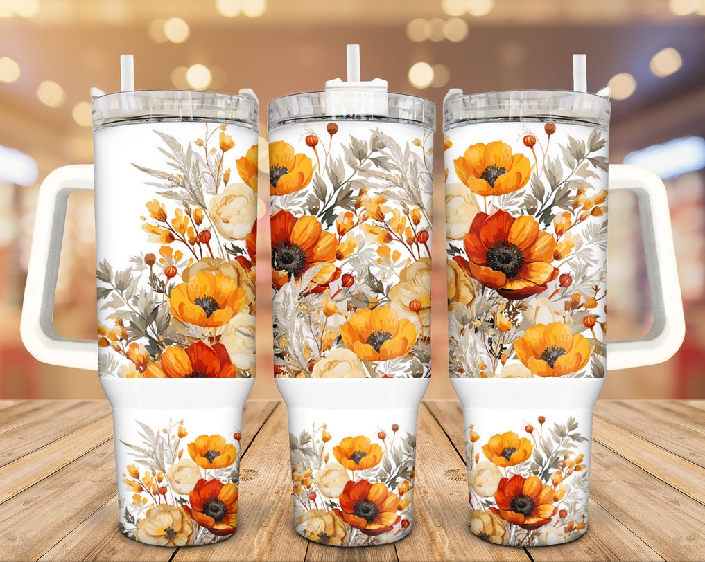 Floral Insulated Tumbler with Handle - 40oz Travel Mug for Hot & Cold Drinks