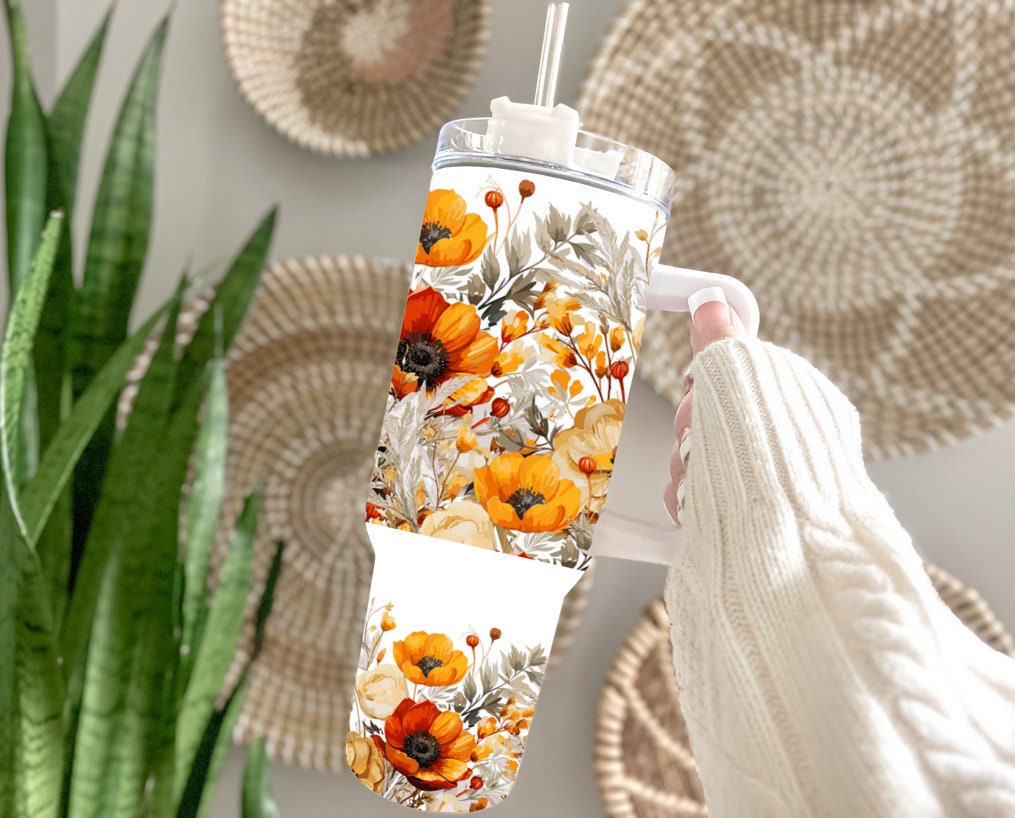 Floral Insulated Tumbler with Handle - 40oz Travel Mug for Hot & Cold Drinks - Image 2