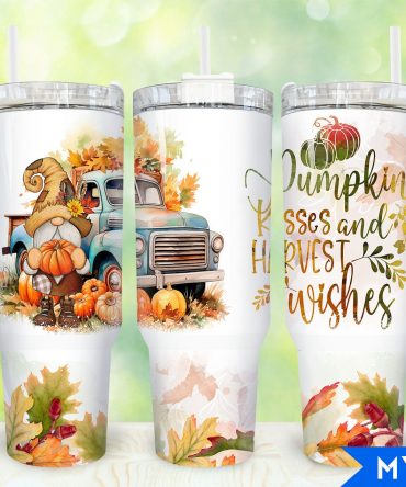 Autumn Gnome Tumbler with Handle - Pumpkin Kisses & Harvest Wishes Design