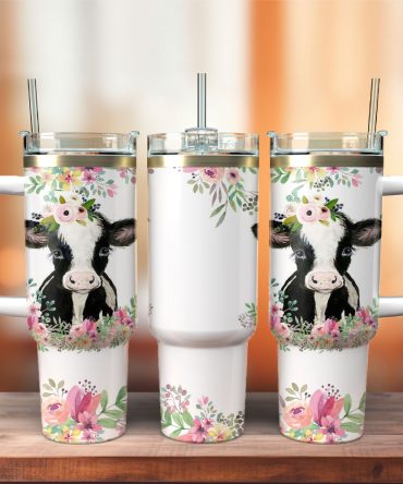 Cute Floral Cow Design Tumbler with Handle & Straw - Perfect Gift for Animal Lovers