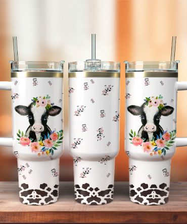 Floral Cow Print Tumbler with Straw - Insulated Travel Mug for Hot & Cold Drinks