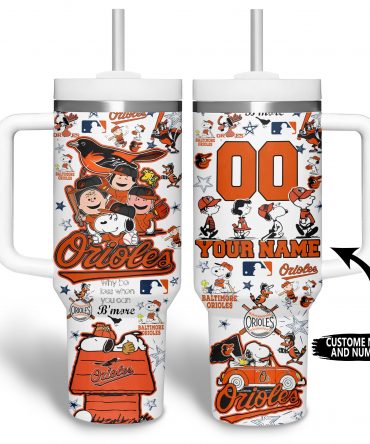 Custom Baltimore Orioles Peanuts Tumbler with Straw - Personalized Name & Number