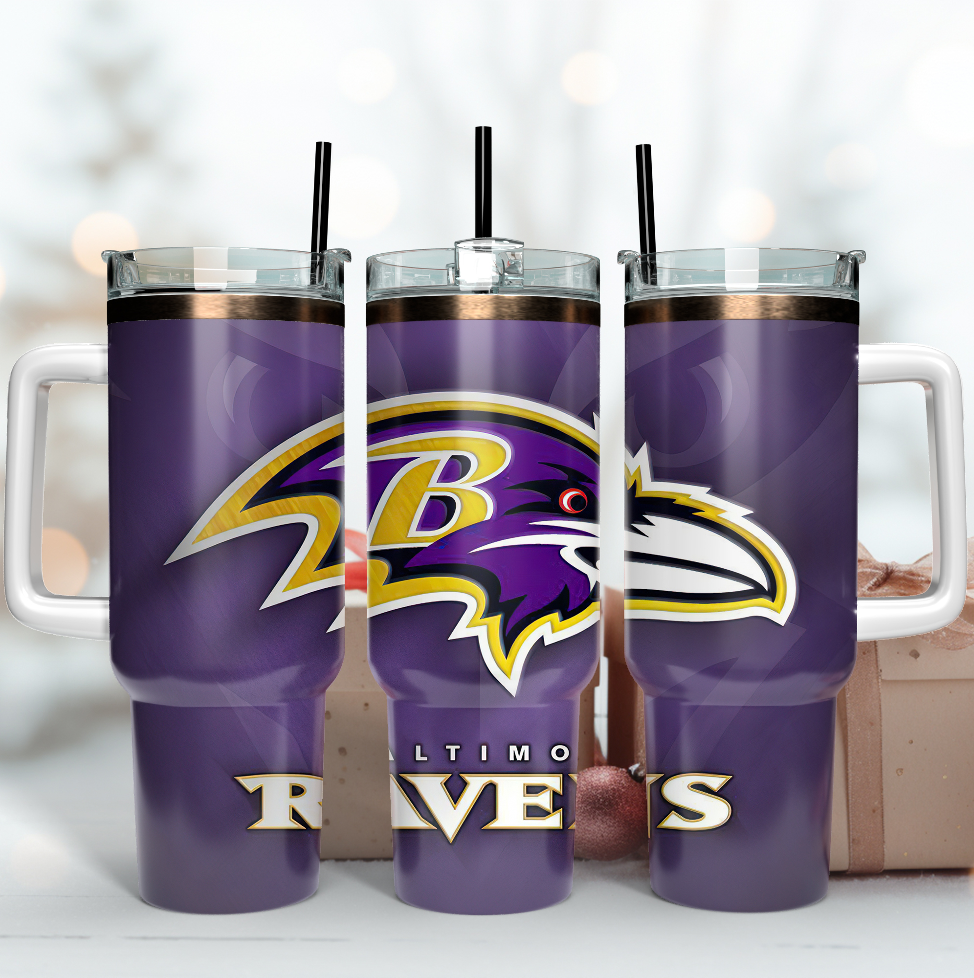 NFL Ravens Travel Mug - Insulated Tumbler with Handle & Straw, Perfect for Game Day